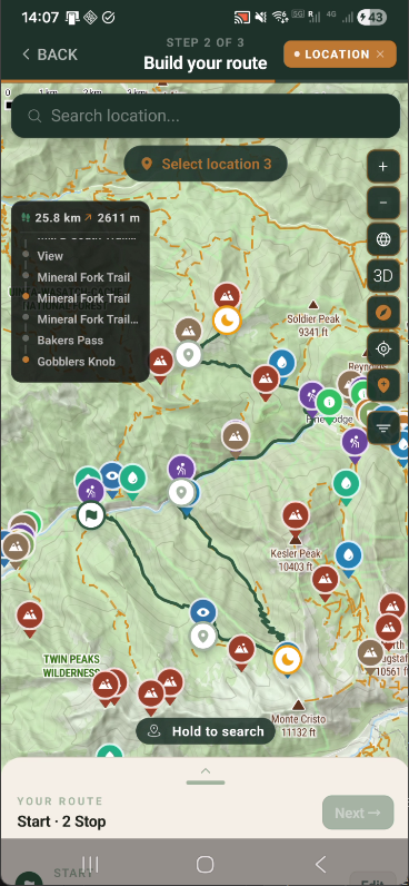 Step 2 map view with live stats and location search suggestions