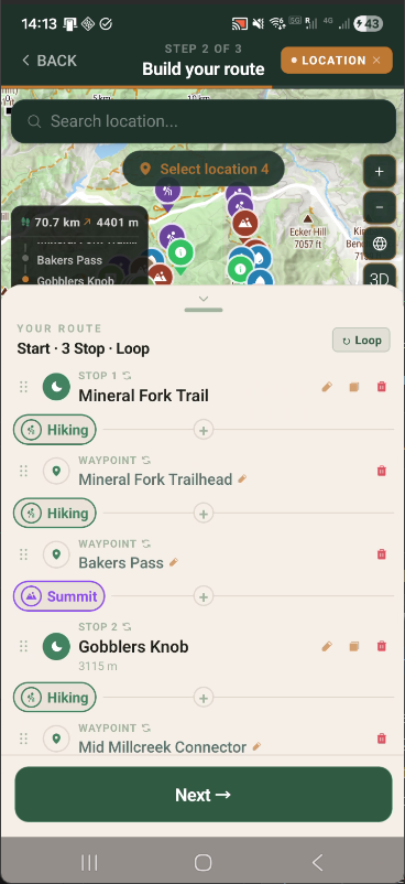 Step 2 bottom sheet with stops, waypoints, and terrain type badges